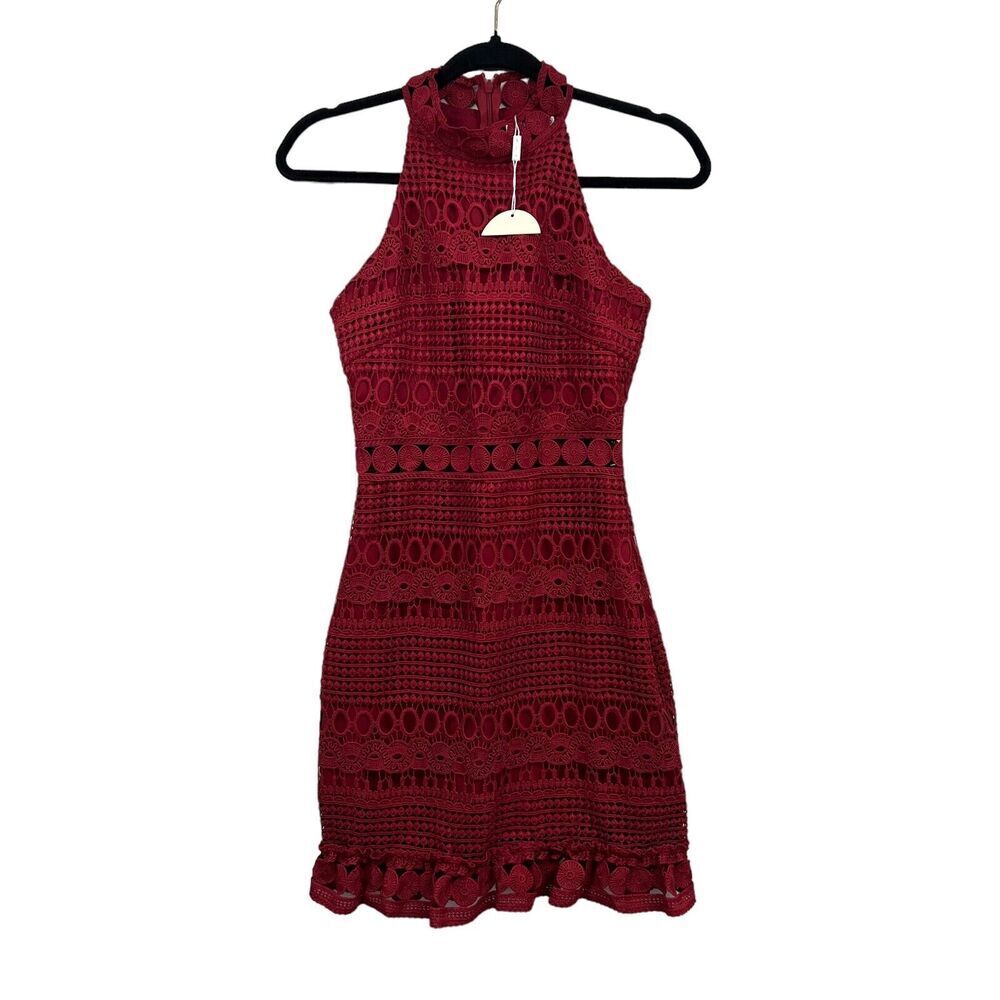 Two Sisters Womens Sheath Halter Dress Lace Eyelet Ruffled Hem Lined Zip Red 6*